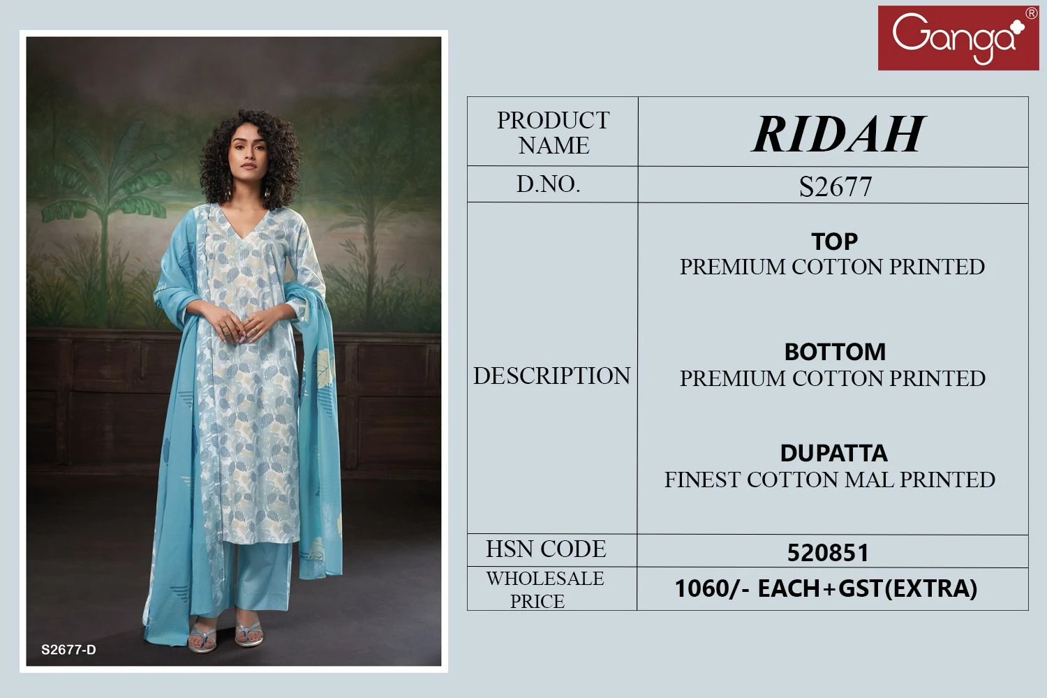 Ganga Ridah 2677 Premium Cotton Printed Wholesale Fancy Salwar Suit Catalog — Wholesale Salwar Suits, Ganga wholesale from Surat — view 5